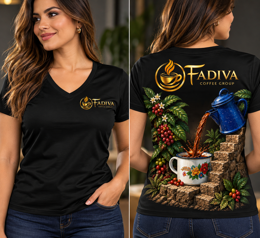 Camiseta Negra p/ Mujer, cuello V, Diseño Cafetera FADIVA